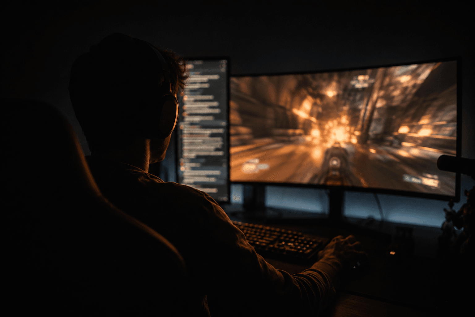 A streamer facing a pair of glowing monitors in a dark studio